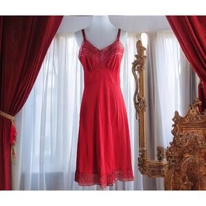 Vintage 50s Gossard Artemis Slip Dress 34T Red Orange Nylon Sheer Lace Trim